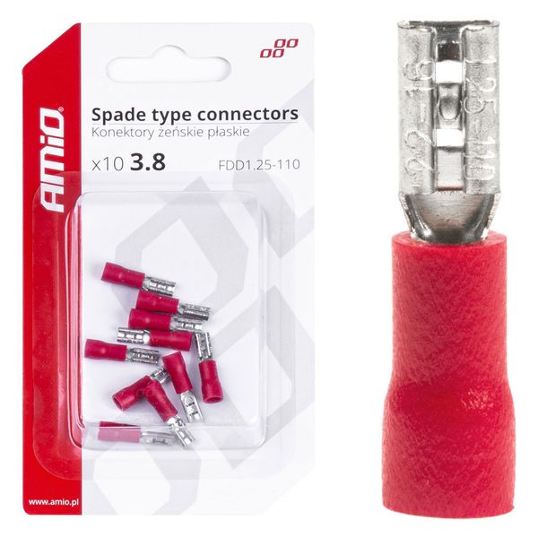 Spade type connectors 3.8mm 0.5-1.5mm2 10A 10 pcs image 1