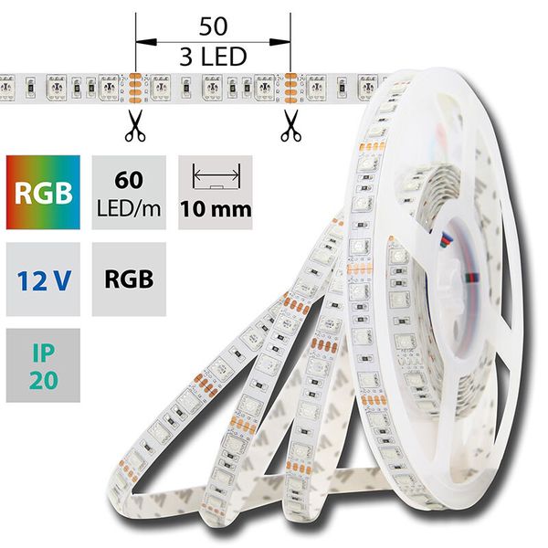 LED strip SMD5050 RGB, 60LED/m, 14.4W/m, DC12V, 560lm/m, IP20, 10mm, 50m image 1
