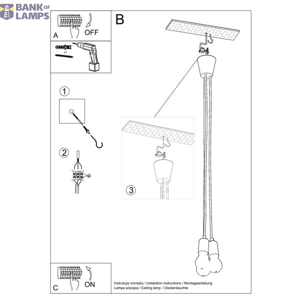 HANGING LAMP DIEGO 3 BLACK E27 3X60W IP20 image 7