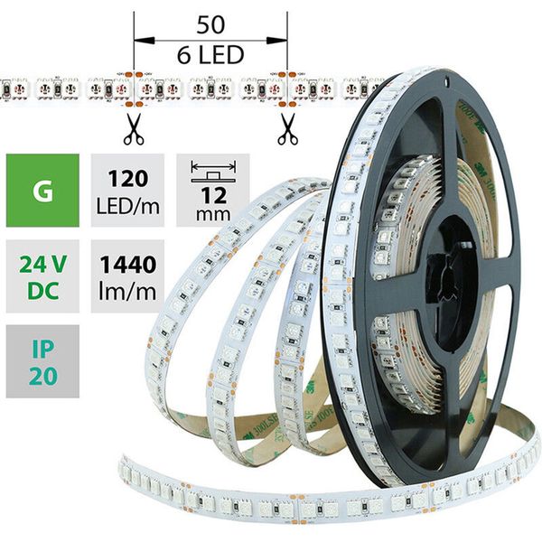 LED strip SMD5050 G, 120LED/m, 28,8W/m, 1440lm/m, IP20, DC 24V, 12mm, 50m image 1