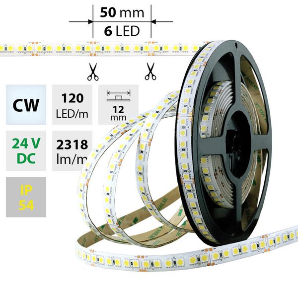 LED strip SMD5050 CW, 120LED/m, 28,8W/m, 2318lm/m, IP54, DC 24V, 12mm, 5m image 1