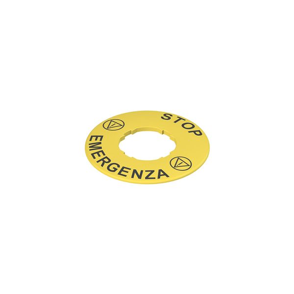 Label with shaped hole, ? 60 mm, yellow disc, writing "STOP EMERGENZA" image 1