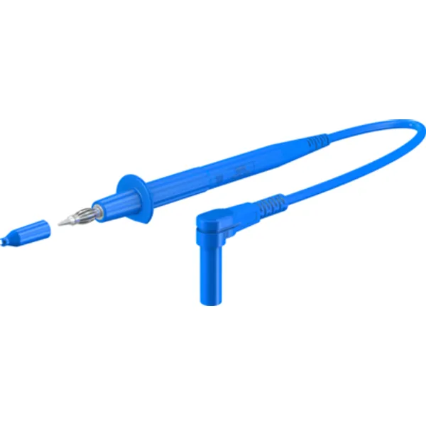 Measuring lead with (test probe, straight) to (4 mm plug, spring-loaded, angled), 1.5 m, blue, PVC, 1.0 mm², CAT II, 66.9008-15023 image 1