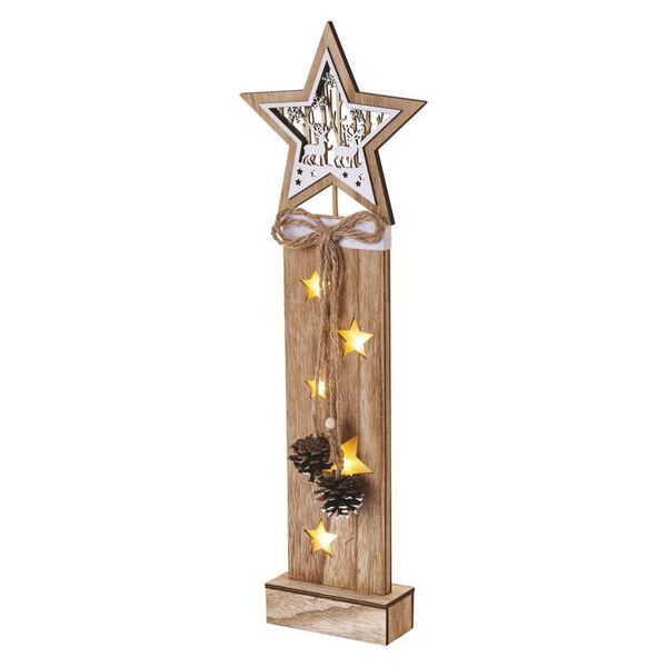 Decorations - 5 LED wooden post with star, 48 cm, 2x AA, warm white, IP20, timer image 1