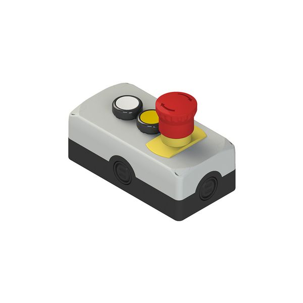 Complete unit with enclosure, 2 flush pushbuttons, 1 emergency pushbutton and contacts image 1