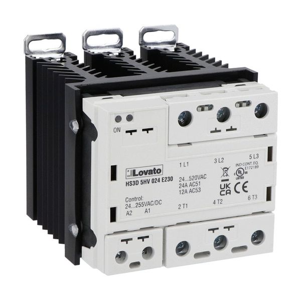 Solid state relay complete with heatsink, three-phase (3 controlled), 24A, 24…255VAC/DC, screw terminals image 1