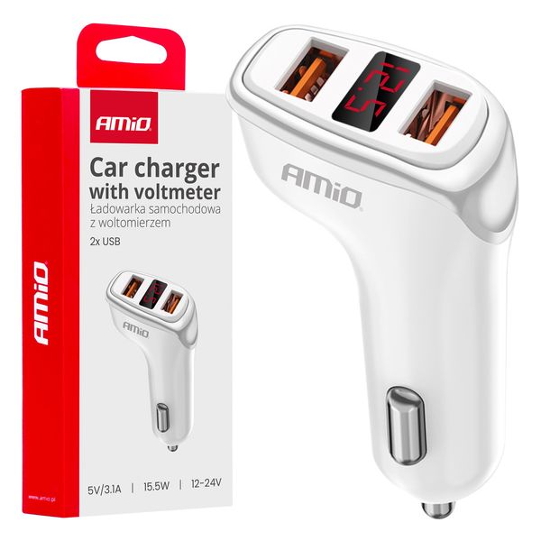 Car charger 2x USB-A + battery check 3.1A 12/24V AMiO-03887 image 1