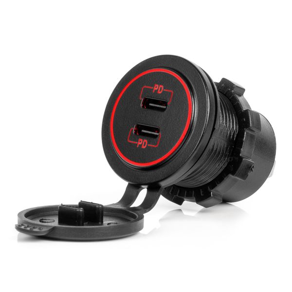 Waterproof Phone Charger with RED LED Backlight 2xUSB C 12/24V AMIO-04223 image 1