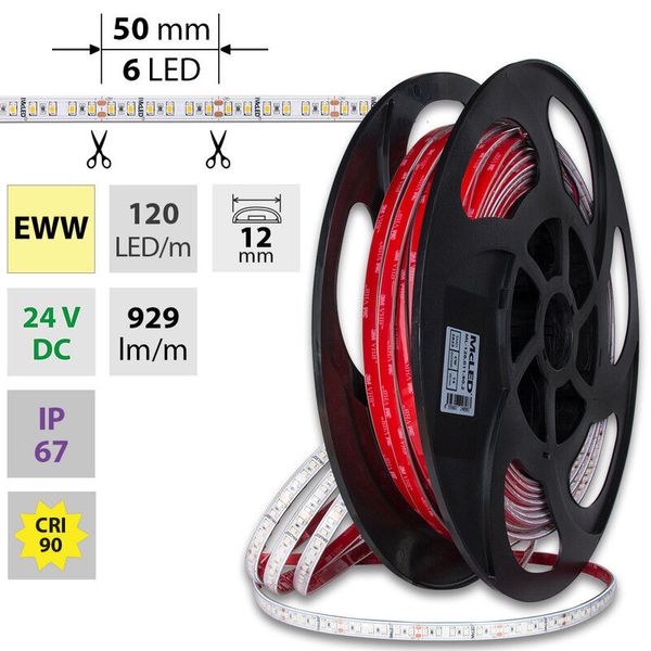 LED strip SMD2835 EWW, 120LED/m, 14W/m, DC 24V, 929lm/m, CRI90, IP67, 12mm, 50m image 1