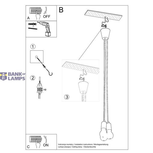 HANGING LAMP DIEGO 3 GRAY E27 3X60W IP20 image 5
