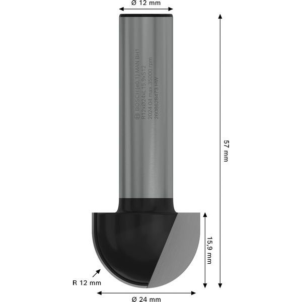 Core box bit, 12 mm, R1 12 mm, D 24 mm, L 15.9 mm, G 57 mm image 1