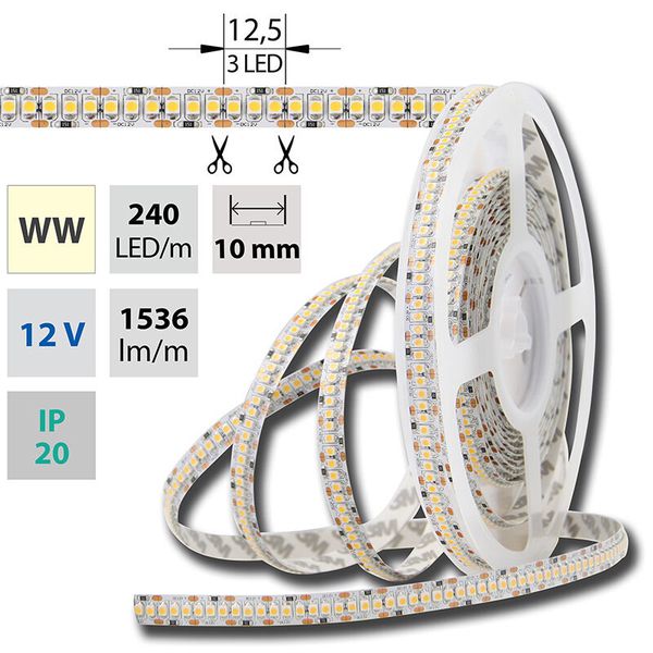 LED strip SMD3528 warm white, 240LED/m, IP20, DC 12V, 10mm, 5m image 1