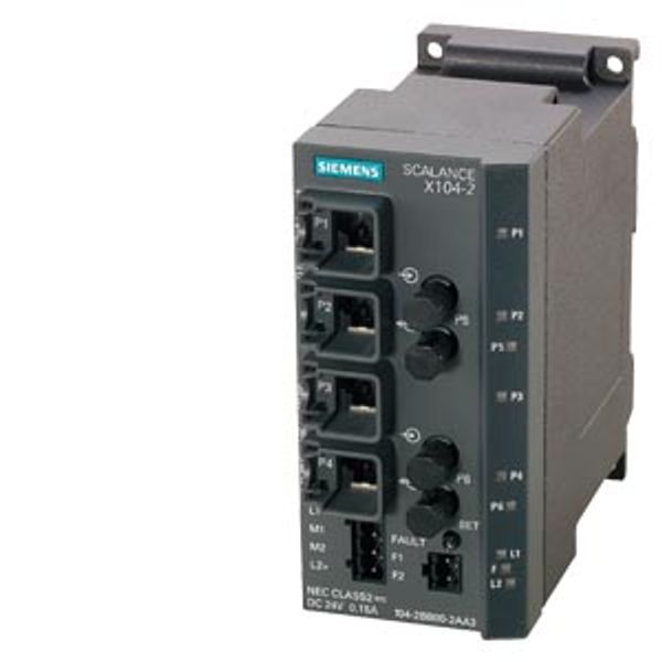 - - spare part - - SCALANCE X104-2, unmanaged IE switch, 4x 10/100 Mbps RJ45 ports, 2x 100 Mbps multimode BFOC, LED diagnostics, error-signaling contact with set pushbutton, redundant power supply manual available as a download . image 1