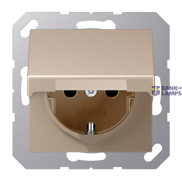 SCHUKO socket, 16 A 250 V ~, without claws, integrated increased contact protection, SAFETY+, hinged cover, Series A, champagne image 1