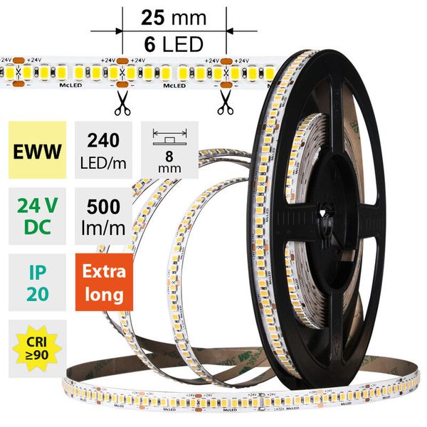LED strip SMD2835 EWW, 240LED/m, 6W/m, DC 24V, 500lm/m, CRI90, IP20, 8mm, 5m image 1