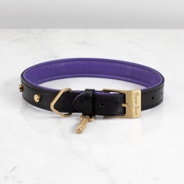 DOG COLLAR / CROSS / LARGE / BLACK / PURPLE / BRASS image 1