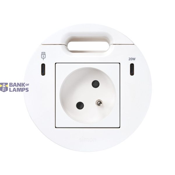 Furniture power socket (pin grounding) with USB-C 20W charger, USB Type C DATA port and grommet (cable outlet)- 1x HDMI + LAN + 3x USB Type A docking station included, Simon 400 Flash 90, IP20, 16A, white, Mount. dimen.: Ø80mm image 1