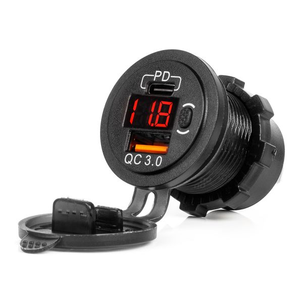 Waterproof Phone Charger with Switch RED LED Indicator Digital Voltometer USB + USB C QC3.0 12/24V AMIO-04222 image 1