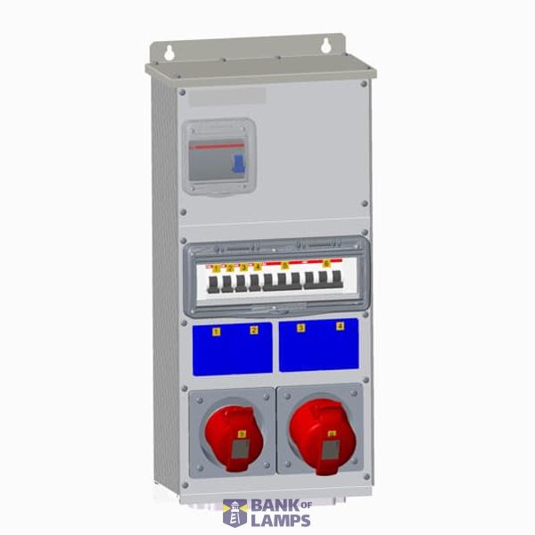 Modular Combi Metal_x000D_
One 16A and one 32A (346-415V) outlet (3P+N+E)_x000D_
MCB 4xS201 C16, 1xS203 C16 and 1xS203 C32_x000D_
Four single Schuko outlets (2P+E) 10/16A (250 V)_x000D_
RCD F204 A-63/0,03_x000D_
Covered top, Multi flange FL21 down image 1