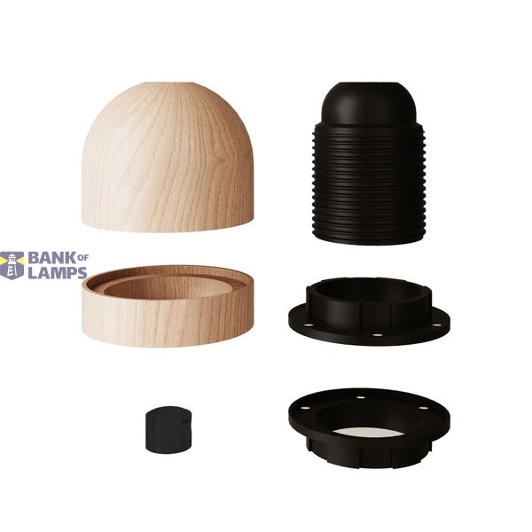 Wood E27 threaded hemispherical lamp holder kit with hidden cable clamp and ferrule cover for lampshade image 2