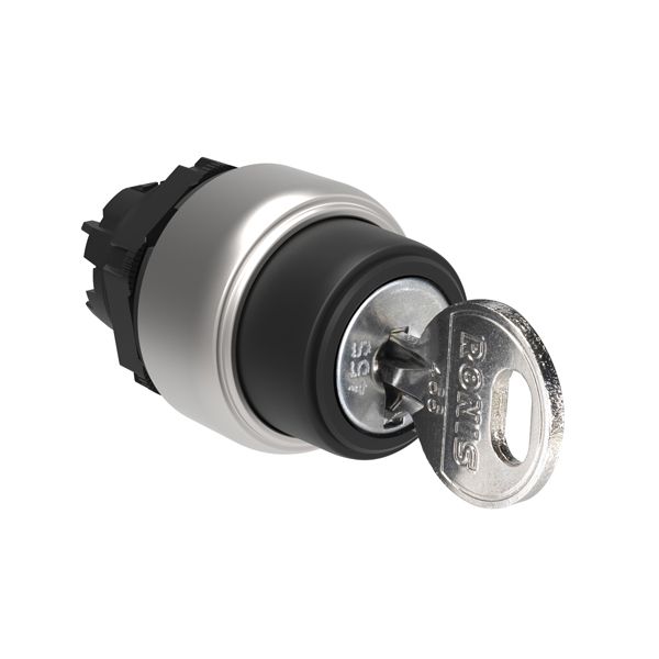 Selector switch actuator key Ø22mm Platinum series chromed plastic, 3 position, 1 - 0 - 2 with different key code. Withdral at 1 image 1