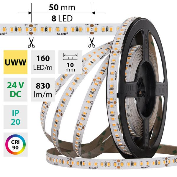 LED strip SMD2835 UWW, 160LED/m, 9W/m, DC 24V, 830lm/m, CRI90, IP20, 10mm, 5m image 1