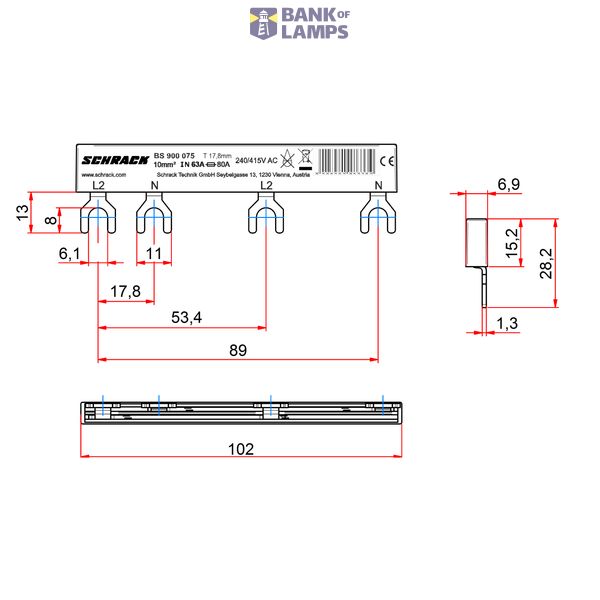 Busbar, 2-pole, L2, 1xRCCB 4-pole to 1xRCBO 1+N, 6MW, 10mmý image 3