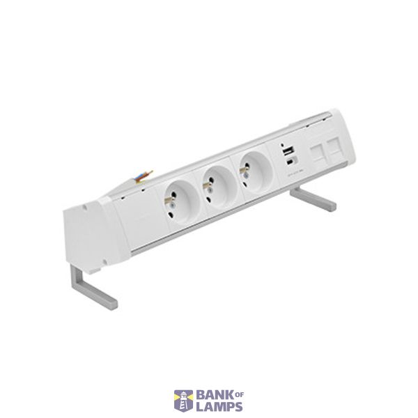 Desk socket set: 3x250V type E + USB A+C charger + 2xRJ45 plate with Keystone mounting, 10 cm cable; aluminum white image 1