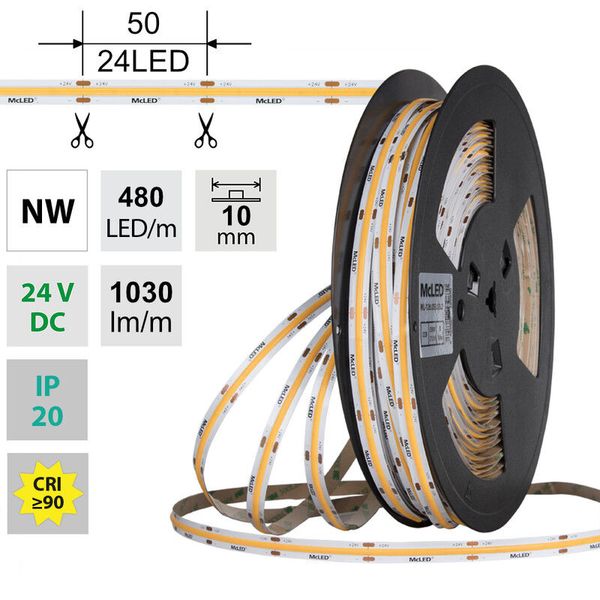 LED strip COB NW, 480LED/m, 10W/m, DC 24V, 1030lm/m, CRI90, IP20, 10mm, 50m image 1