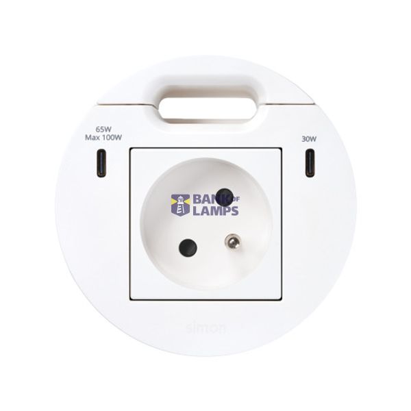 Furniture power socket (pin grounding) with USB-C 100W charger and grommet (cable outlet), Simon 400 Flash 90, IP20, 16A, white, Mount. dimen.: Ø80mm image 1