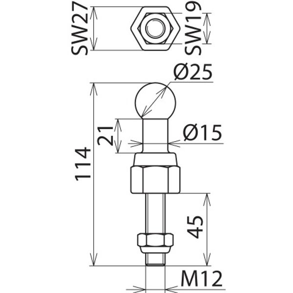 Fixed ball point D=25mm, straight with threaded bolt and nut M12x45mm image 2