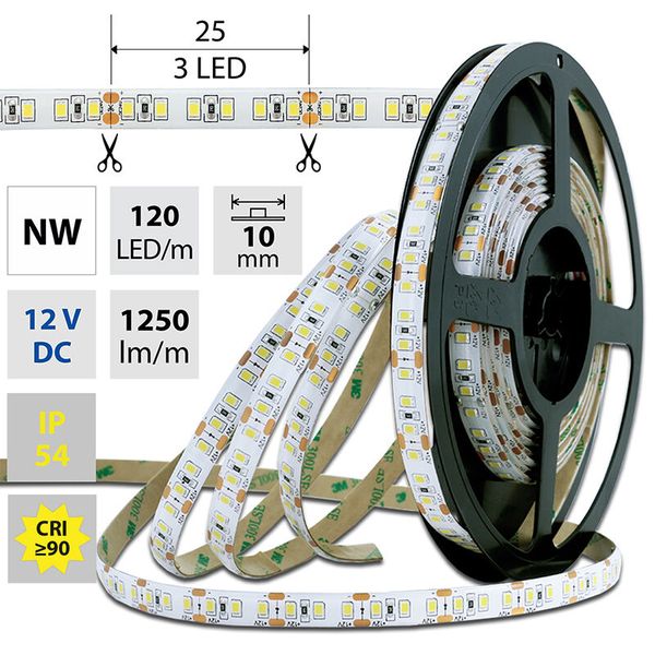 LED strip SMD2835 NW, 120LED/m, 14W/m, 1250lm/m, IP54, DC 12V, 10mm, 5m image 1