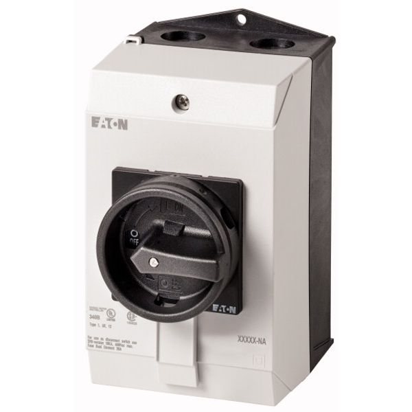 P1-25/I2/SVB-SW/HI11-NA Main switch, P1, 25 A, surface mounting, 3 pole, 1 N/O, 1 N/C, STOP function, With black rotary handle and locking ring, UL/CSA image 1