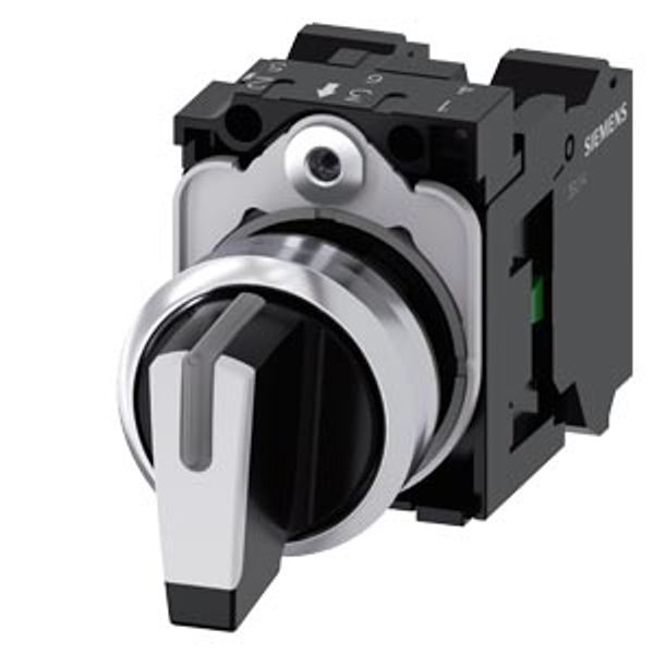 Selector switch, illuminable, 22 mm, round, metal, shiny, white, selector switch, short, 3 switch positions I-O-II, latching,  3SU1150-2BL60-3NA0-Z X90 image 1