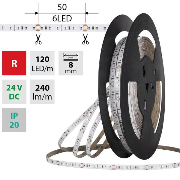 LED strip SMD2835 red, 120LED/m, 9.6W/m, DC 24V, 240lm/m, IP20, 8mm, 50m image 1