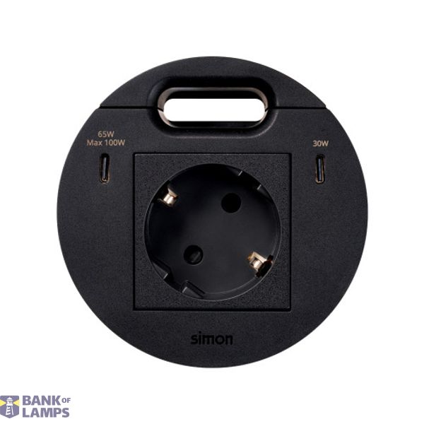 Furniture power socket (schuko grounding) with USB-C 100W charger and grommet (cable outlet), Simon 400 Flash 90, IP20, 16A, black, Mount. dimen.: Ø80mm image 1