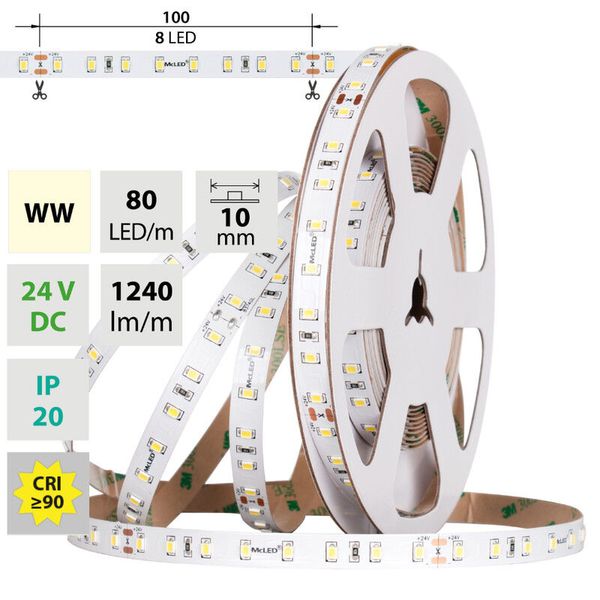 LED strip SMD2835 WW, 80LED/m, 7,2W/m, DC 24V, 1240lm/m, CRI90, IP20, 10mm, 5m image 1