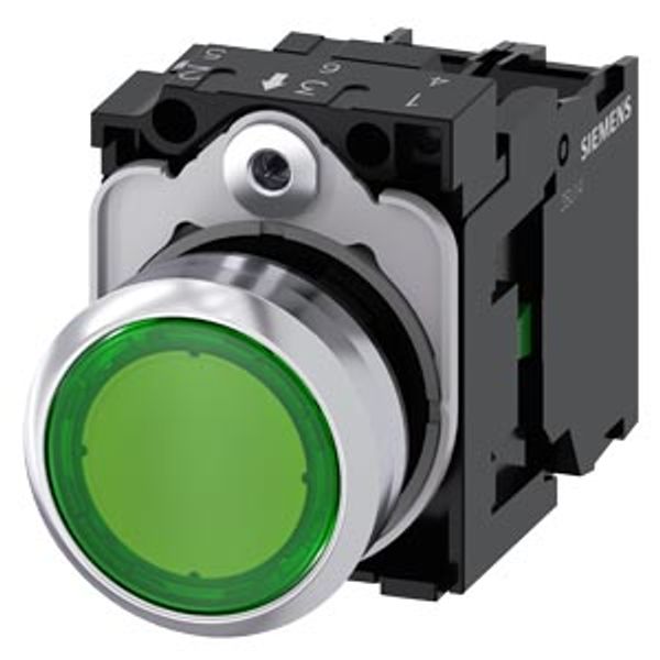 Illuminated pushbutton, 22 mm, round, metal, shiny, green, pushbutton, flat, momentary contact type, with holder, 1NO, LED module with integrated  3SU1152-0AB40-1BA0-Z Y15 image 1