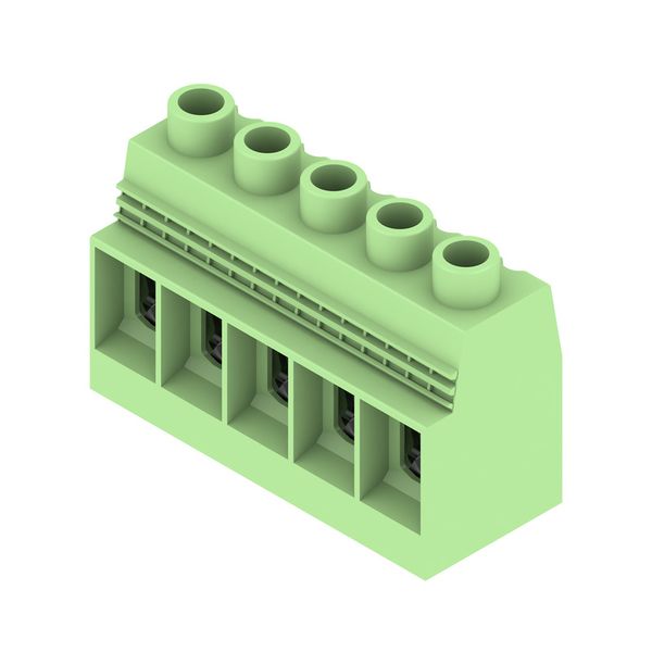 Printed circuit board terminals, 15.00 mm, Number of poles: 5, 90°, Solder pin length (l): 4.5 mm, tinned, Pale green, Clamping yoke connection, Clamping range, max. : 50 mm², Box image 2