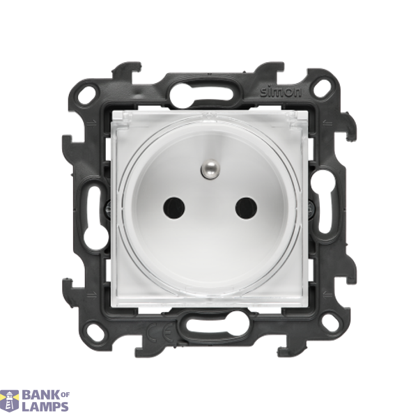 Single socket outlet with earthing for IP44 version without frame seal, without shutters, (module), Simon 24, IP44, 16A, white, Flap color: Transparent image 1