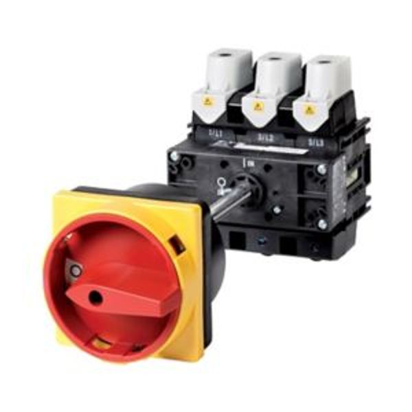 P5-125/V/SVB Main switch, P5, 125 A, rear mounting, 3 pole, Emergency switching off function, With red rotary handle and yellow locking ring, Lockable in the 0 (Of image 4