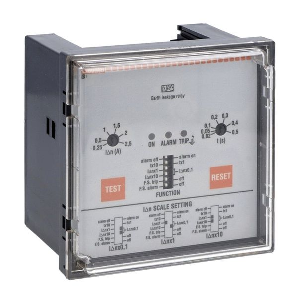 Earth leakage relay with 2 operatin thresholds, flush-mount. External CT. Fail safe, 110VAC-240VAC-415VAC image 1
