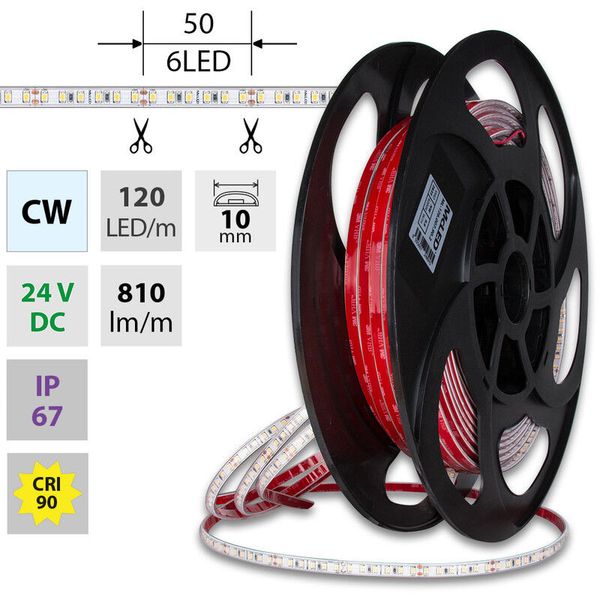 LED strip SMD2835 CW, 120LED/m, 9,6W/m, DC 24V, 810lm/m, CRI90, IP67, 10mm, 50m image 1