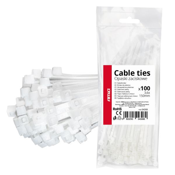 White cable ties 3.6×150mm 100 pcs. AMIO-04308 image 1