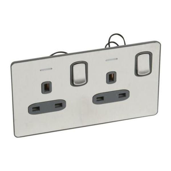 Synergy™ Sleek - 2 gang switched single pole BS socket outlet 13A + blue led power indicator Brushed Stainless steel image 1