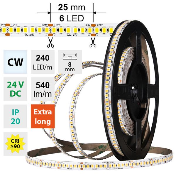 LED strip SMD2835 CW, 240LED/m, 6W/m, DC 24V, 540lm/m, CRI90, IP20, 8mm, 50m image 1