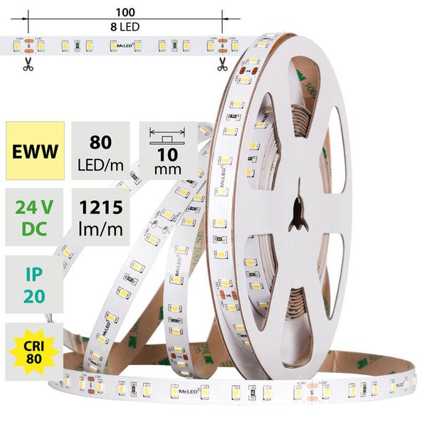 LED strip SMD2835 EWW, 80LED/m, 7,2W/m, DC 24V, 1215lm/m, CRI90, IP20, 10mm, 50m image 1