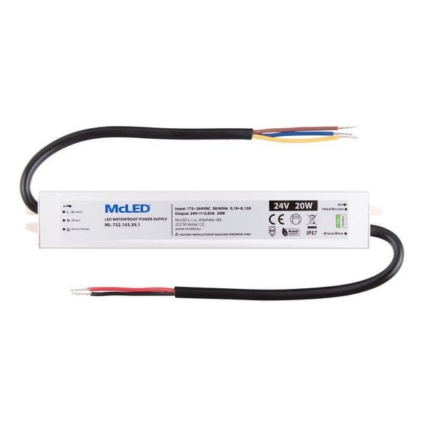 LED power supply 20W, DC24V/0.83A, IP67 image 1