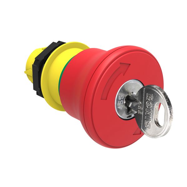 Mushroom head pushbutton actuator Ø22mm Platinum series chromed plastic, latch, turn key to release, Ø40mm. For emergency stopping. ISO 13850. Red. Different key code image 1