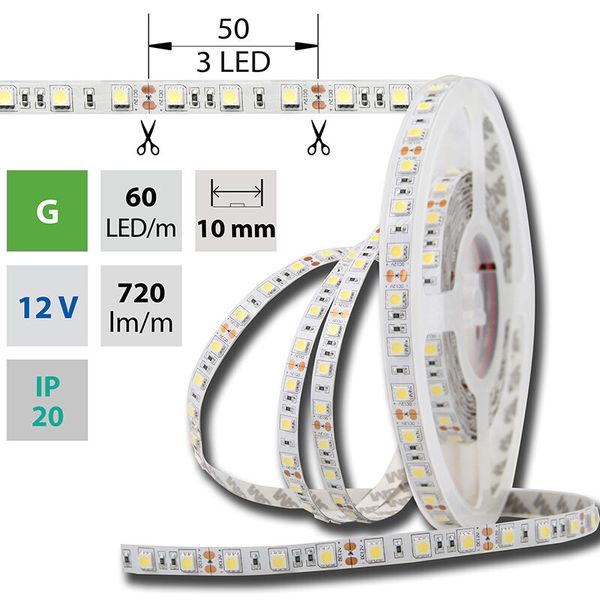 LED strip SMD5050 green, 60LED/m, 14.4W/m, DC 12V, 720lm/m, IP20, 10mm, 5m image 1